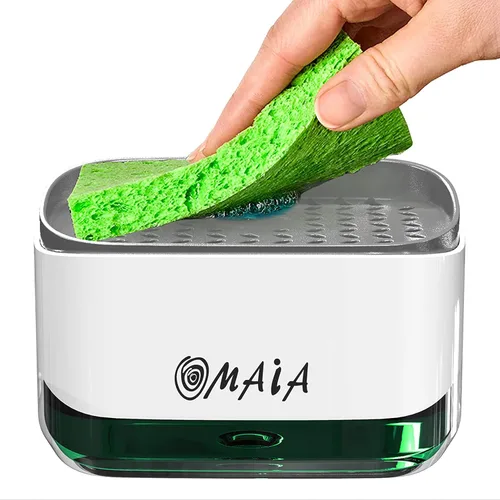 OMAIA Dispensador de jabón para platos 2 en 1 con soporte para esponja, dispositivo de cocina inteligente, organizador de encimera de fregadero
