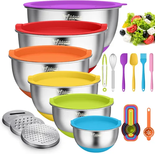 Miniatura 8 de Wildone Cuencos para mezclar con tapas herméticas, 22 piezas cuencos de acero inoxidable anidables, con 3 accesorios para rallar, marcas de escala