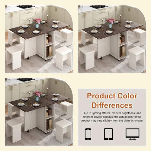 Miniatura 9 de Juego de mesa de comedor de granja de 5 piezas para 4, mesa plegable grande de 117 cm con 4 sillas de cuero, mesa de cocina plegable con ala