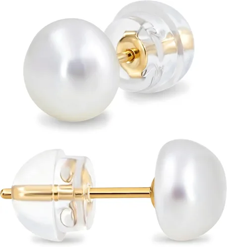 KEZEF Aretes de perlas para mujer, oro real de 14 quilates, perlas cultivadas de agua dulce con mariposa dorso de oro de 14 quilates con silicona