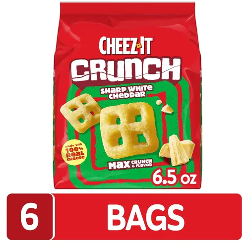 Miniatura 5 de Cheez-It Crunch Pasabocas horneados con sabor a queso, bocadillos para el almuerzo, cheddar blanco fuerte (paquete de 6 bolsas)