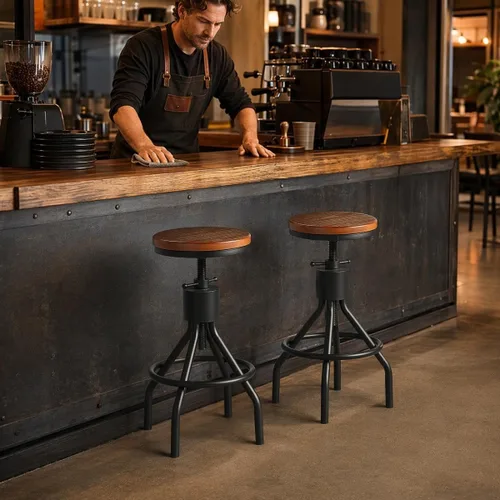 Miniatura 8 de Taburete de bar industrial vintage con altura ajustable, taburete de cocina estilo francés de granja, silla giratoria, madera maciza Chiar, fácil