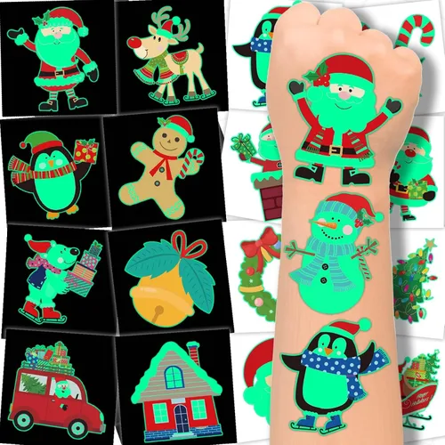 winthrop 120 tatuajes temporales luminosos de Navidad para niños, que brillan en la oscuridad envueltos individualmente, tatuajes de seguridad