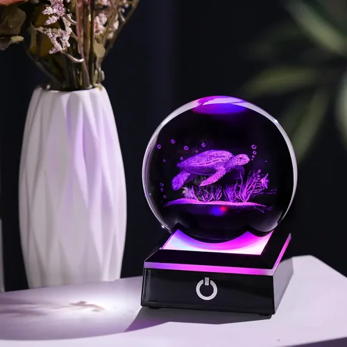 Miniatura 5 de Bola de cristal 3D, tortuga marina, regalos para mujeres y hombres, adorno de globo de nieve con base LED, luz nocturna, figuras de decoración