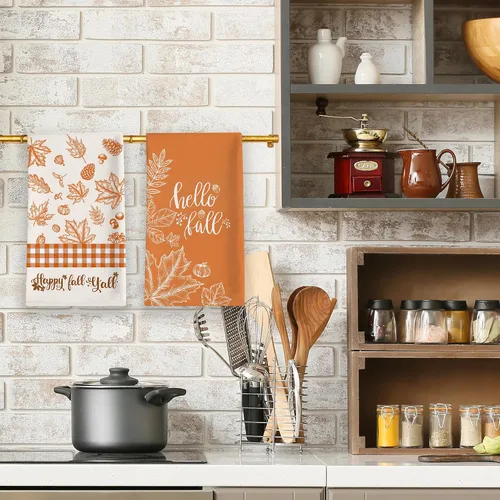 Miniatura 4 de Toallas de cocina de otoño, juego de 2, calabazas de otoño con hojas de arce, naranja a cuadros, paños de cocina para baño, temporada de Acción