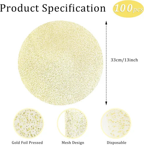 Miniatura 3 de Hysenm Juego de 100 manteles individuales desechables dorados metálicos redondos de 13 pulgadas de malla prensada, tapetes desechables ultrafinos