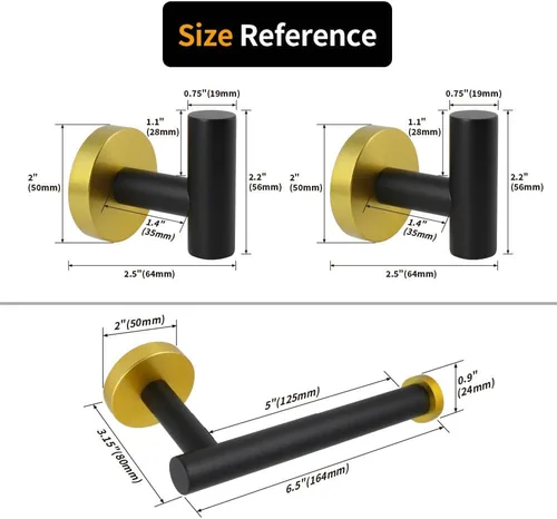 Miniatura 6 de Juego de accesorios de baño de 3 piezas, color negro y dorado, para montar en la pared, incluye soporte para papel higiénico, 2 ganchos para toallas