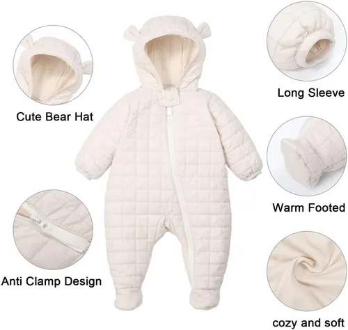 Miniatura 15 de DDY Traje de nieve para bebé niña niño de 0 a 3 meses, chaqueta de plumón con capucha, mameluco para bebé, mameluco para invierno, color gris