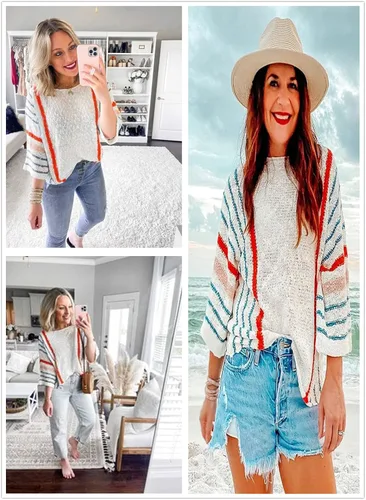Miniatura 4 de Dokotoo - Suéteres sin botones de playa de punto trenzado para mujer, bonitos, para verano y otoño, con bloques de colores a rayas, ligeros, cómodos