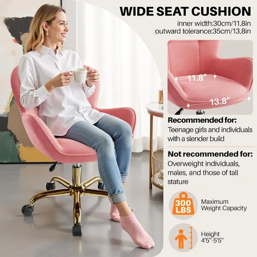 Miniatura 9 de Silla de tocador con ruedas, bonitas sillas de escritorio de altura ajustable para dormitorio, silla de maquillaje moderna con respaldo (rosa)