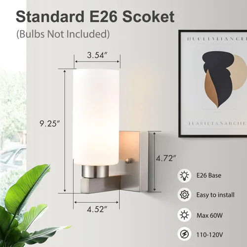 Miniatura 5 de DEYNITE Conjunto de dos apliques de pared modernos de níquel cepillado para baño con pantalla de vidrio cilíndrico blanco lechoso