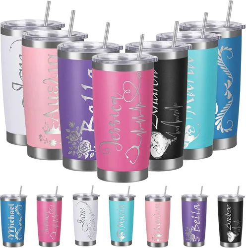 Miniatura 13 de Vasos personalizados con tapa y pajita, vaso aislado personalizado grabado con nombre, vaso de café de acero inoxidable, regalos para hombres y Negro