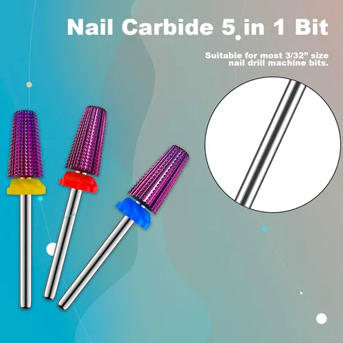 Miniatura 5 de 3 piezas de brocas de carburo 5 en 1 para uñas - Rotación bidireccional para zurdos y diestros - XF, F, M 3/32 pulgadas - Brocas para taladro
