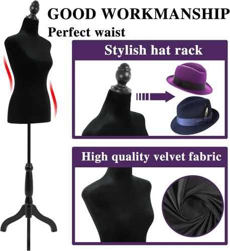 Miniatura 4 de Base de trípode de madera, maniquí femenino, forma de torso de 50 a 63 pulgadas para mujeres de exhibición, altura ajustable para coser, cuerpo