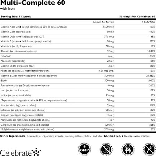 Miniatura 3 de Celebrate Vitamins Multi-Complete, 60mg Hierro – Multivitamínico bariátrico diario para pacientes con gastrectomía de manga y cirugía de bypass