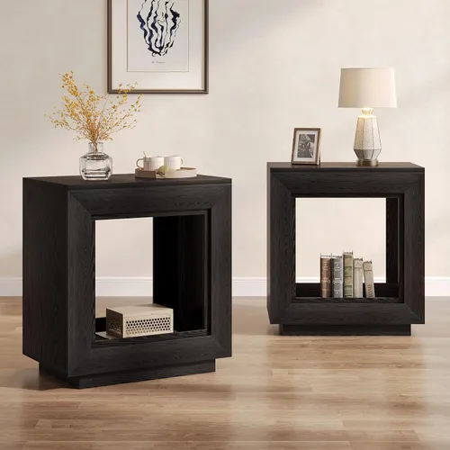 Miniatura 9 de Tribesigns Mesa auxiliar marrón rústica, mesa auxiliar de 24 pulgadas con estante de almacenamiento, mesita de noche estilo granja (1, negro)