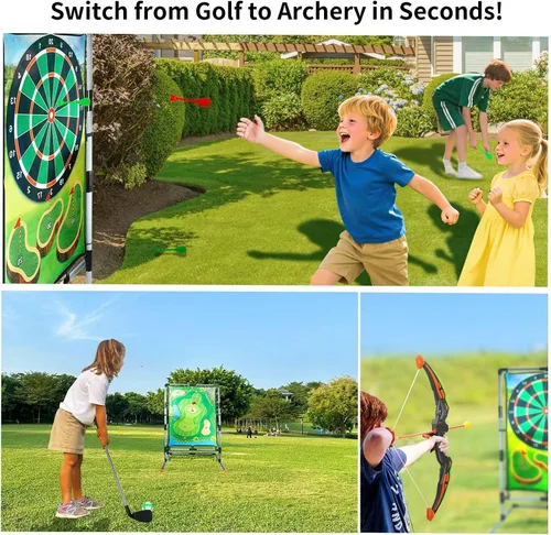 Miniatura 2 de Juego de astillado de golf con soporte, juego de práctica de golf multideportivo con tiro con arco, hacha, dardos, alfombrilla de golpeo de doble