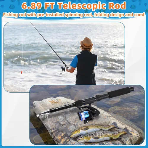 Miniatura 6 de MiniInflat Combo de caña de pescar telescópica y carrete, 2 piezas de caña plegable con alicates y agarre de labios, bolsa de transporte, carrete