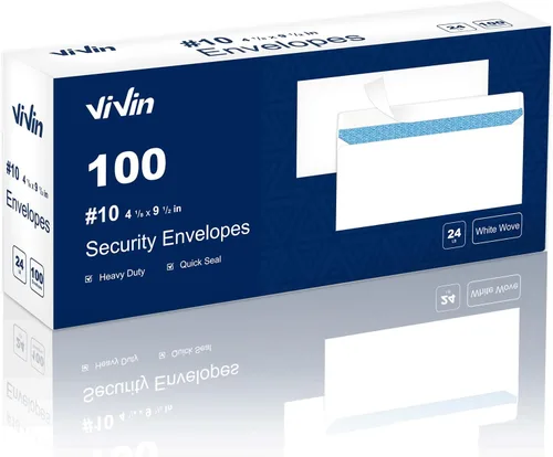 Vivin Sobres comerciales tintados de seguridad autosellantes para documentos de privacidad, hogar y oficina, 4-1/8 x 9-1/2 pulgadas, sin ventana, 24