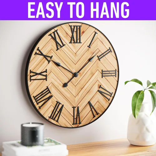 Miniatura 4 de Reloj de pared grande de 24" redondo - silencioso, metal y madera, gran reloj de pared estilo granja para decoración de sala de estar con números