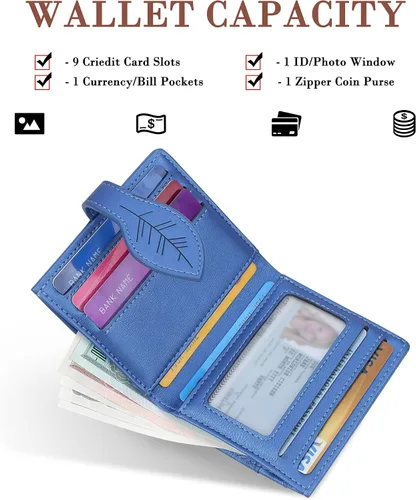 Miniatura 2 de CONISY Cartera pequeña para mujer, con bloqueo RFID, de piel, plegable, con bolsillo frontal, con cremallera (azul)