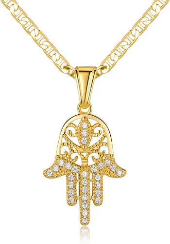 Barzel Collar de cadena plano chapado en oro de 18 quilates Mariner/Marina 060 3MM con colgante de mano Hamsa