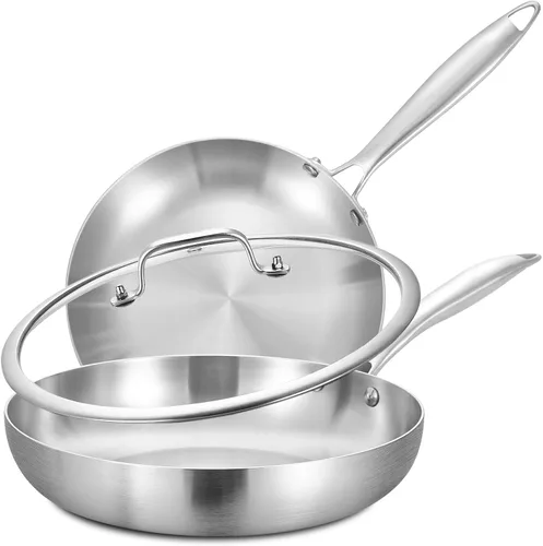 Miniatura 11 de LOLYKITCH Set de sartenes de acero inoxidable tricapa de 8.5-10-12 pulgadas con tapas, sartenes, sartenes de inducción, aptas para lavavajillas