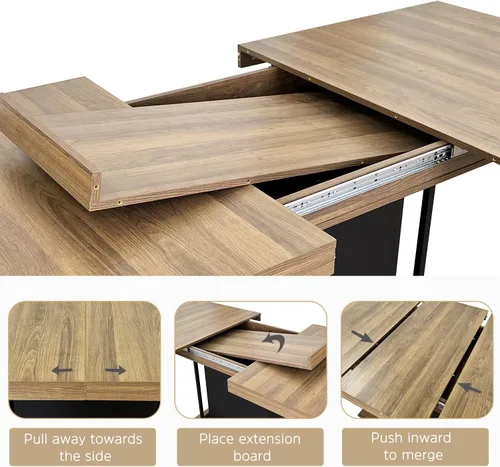 Miniatura 3 de Juego de mesa de comedor extensible para mesa de cocina extensible de 4, 5 piezas y 4 sillas de almacenamiento ocultas de lino tapizadas de madera