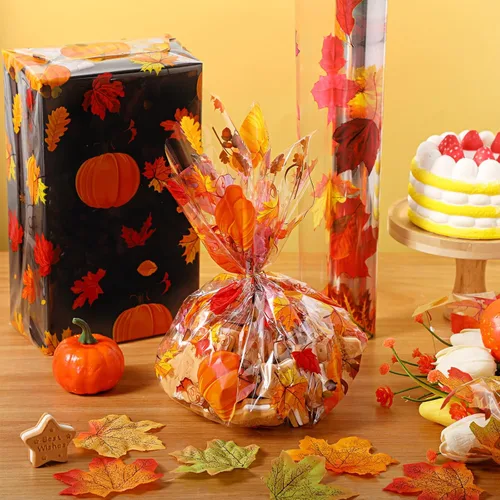 Miniatura 6 de Papel de regalo de celofán de otoño, 100 x 16 pulgadas, 2.5 mil de grosor, rollo de envoltura de celofán transparente con temática de otoño