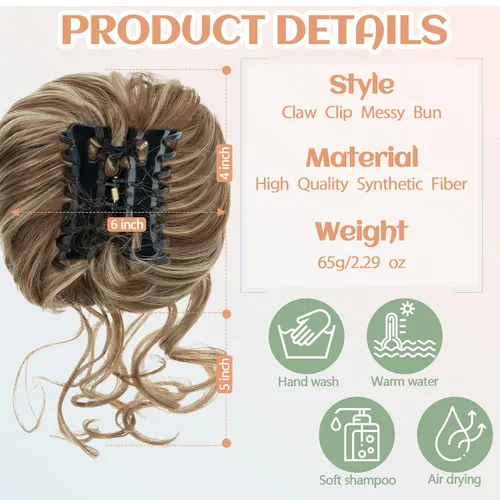 Miniatura 5 de S-noilite Extensiones de cabello rubio ondulado con clip de garra, extensiones de moño con clip de garra, extensiones de moño para mujer