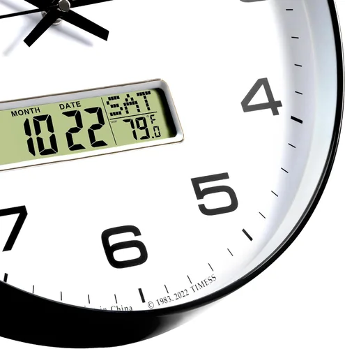 Miniatura 3 de TIMESS Reloj de Pared, Esfera Grande de 14" Sin Tic-Tac Silencioso Operado por Batería Analógico con Pantalla LCD para Calendario Perpetuo y Negro