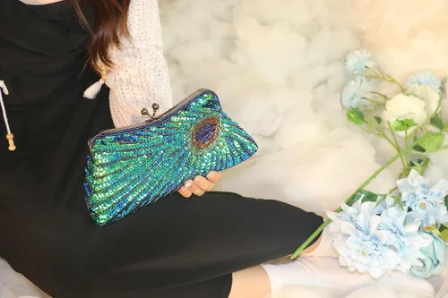Miniatura 3 de Bolso de mano de noche de pavo real para mujer, con lentejuelas, con cuentas, cierre de beso, para cóctel, boda, fiesta de graduación