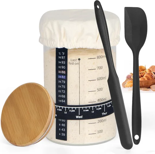 Miniatura 9 de Kmise Tarro para Masa Madre, Kit de Tarro para Masa Madre de Vidrio DIY Pro de 34 Oz con Termómetro, Espátula de Silicona, Calcomanías de Pizarra