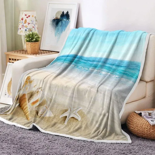 JAWO Manta de playa, manta de viaje con decoración de playa azul océano, acogedora manta de franela cálida de microfibra para sofá, cama, sala de