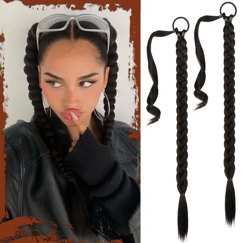 Miniatura 61 de Sofeiyan Extensión de cola de caballo de trenza larga con banda para el cabello, lacio, elegante, envolvente, extensiones de cabello trenzado, cola