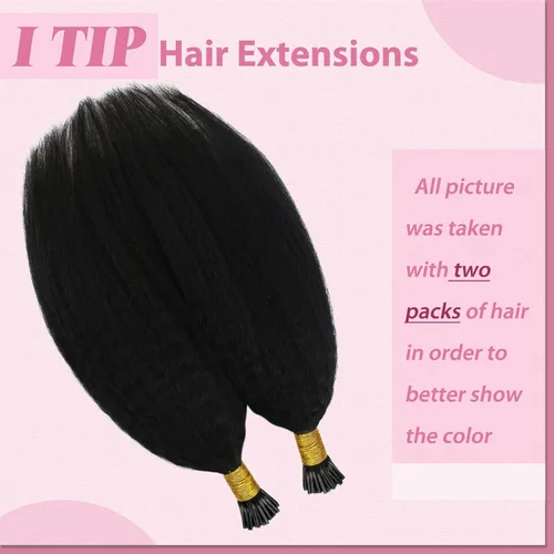 Miniatura 2 de YoungSee Extensiones de cabello humano rizado lacio con punta en I, color negro, 1.76 oz, extensiones de cabello Remy, 80 hebras, extensiones