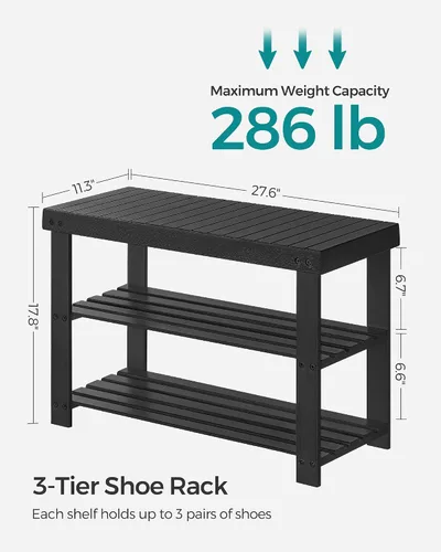 Miniatura 5 de SONGMICS - Banco zapatero, organizador de zapatos de bambú de 3 niveles, banco de entrada, soporta hasta 286 libras, 11.3 x 27.6 x 17.8 pulgadas