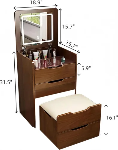 Miniatura 4 de Pequeño escritorio de maquillaje 3 en 1 con espejo abatible y luces, juego de mesa de tocador compacto con parte superior de vidrio y 3 cajones