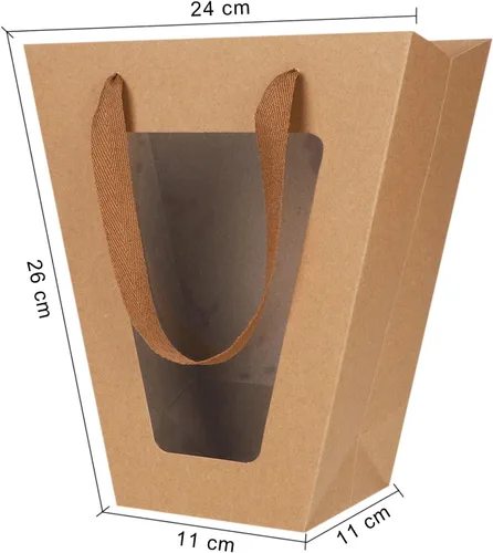 Miniatura 9 de Paquete de 10 bolsas de regalo con asas y ventana transparente, bolsas de papel kraft trapezoidales, bolsas de envoltura de ramo de flores, bolsas