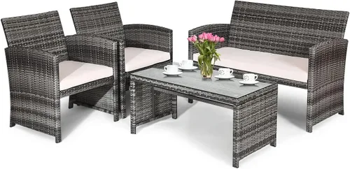 Miniatura 12 de HAPPYGRILL Juego de 4 piezas para conversación de patio con cojines suaves, juego de muebles de ratán con mesa de centro de mimbre de polietileno