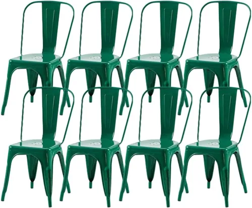 Juego de 8 sillas de comedor de metal verde alpino, sillas de cocina apilables retro estilo granja, sillas laterales de acero verde oscuro para café