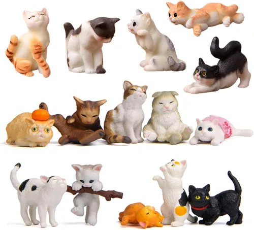 15 figuras de juguete de personajes de animales de gato, colección de gatos maduros, mini decoración de jardín, decoración de tartas, decoración de