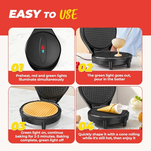 Miniatura 5 de Máquina para hacer gofres y hacer conos de helado con rodillo de cono, 1000 W de doble cara con calefacción uniforme para hacer gofres finos, hace
