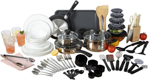 Gibson Home Juego de Cocina de 74 Piezas en una Caja: Ollas y Sartenes, Vajilla de Platos y Cuencos, Bloque de Cuchillos y Cubertería, Cubiertos,