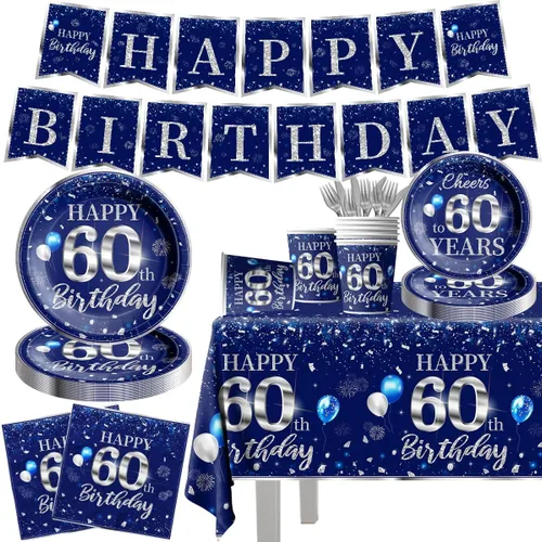 Miniatura 16 de Juego de vajilla de 142 piezas para decoración de cumpleaños número 50, color plateado y azul, suministros de fiesta de cumpleaños número 50