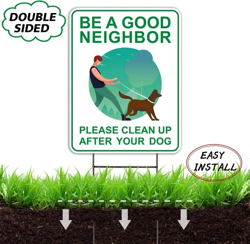 Miniatura 7 de Letreros de "Clean Up After Your Dog" (2 unidades, 9 x 12 pulgadas) con estacas en H de metal, doble cara, carteles de césped sin excremento de Verde