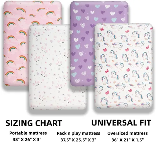 Miniatura 7 de Paquete de 4 sábanas suaves para bebé niña N Play para colchón de mini cuna, diseño de unicornio, arcoíris y corazón, lindo poliéster neutro unisex