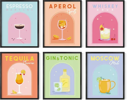 HAUS AND HUES - Conjunto de 6 pósteres daneses en color pastel, impresiones estéticas de cóctel, coloridas obras de arte de bar preppy, decoración
