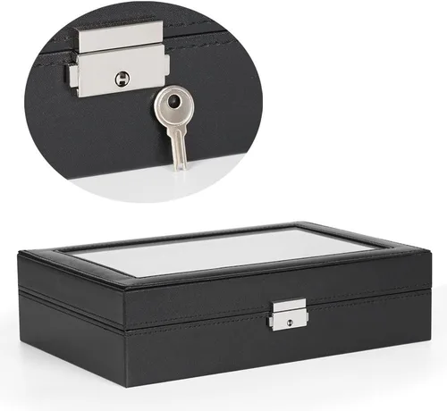 Miniatura 5 de NEX Caja de reloj 8 ranuras con cerradura de cuero para reloj organizador con almacenamiento de anillos para mujeres y hombres color negro