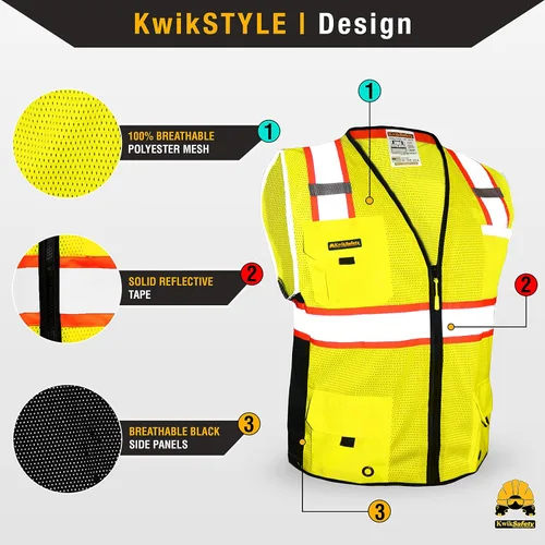 Miniatura 2 de KwikSafety - Chaleco de Seguridad BIG KAHUNA Edición Base y Edición Limitada Chaleco Reflectante Clase 2 ANSI OSHA para Hombre Amarillo